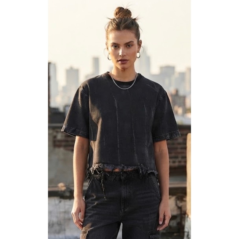 Zara Washed Black Denim T-Shirt Distressed Raw Hem Streetwear Boxy Fit Medium